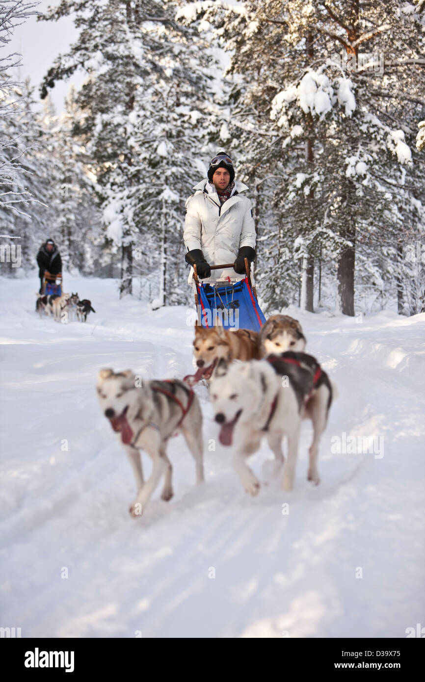 Huskies pulling sleds along snow, Lapland Stock Photo