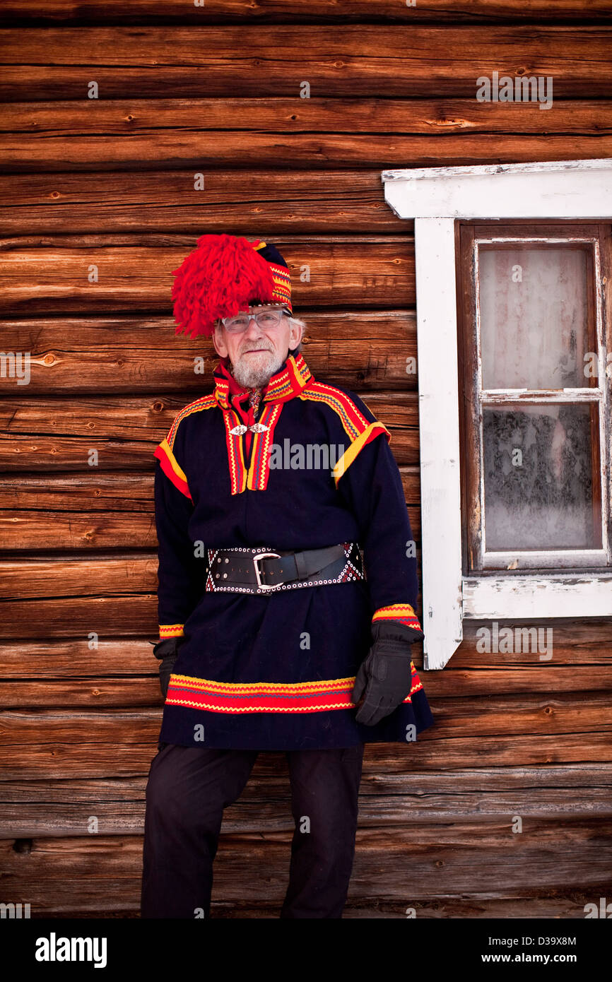 Portrait of man wearing traditional costume, Lapland Stock Photo