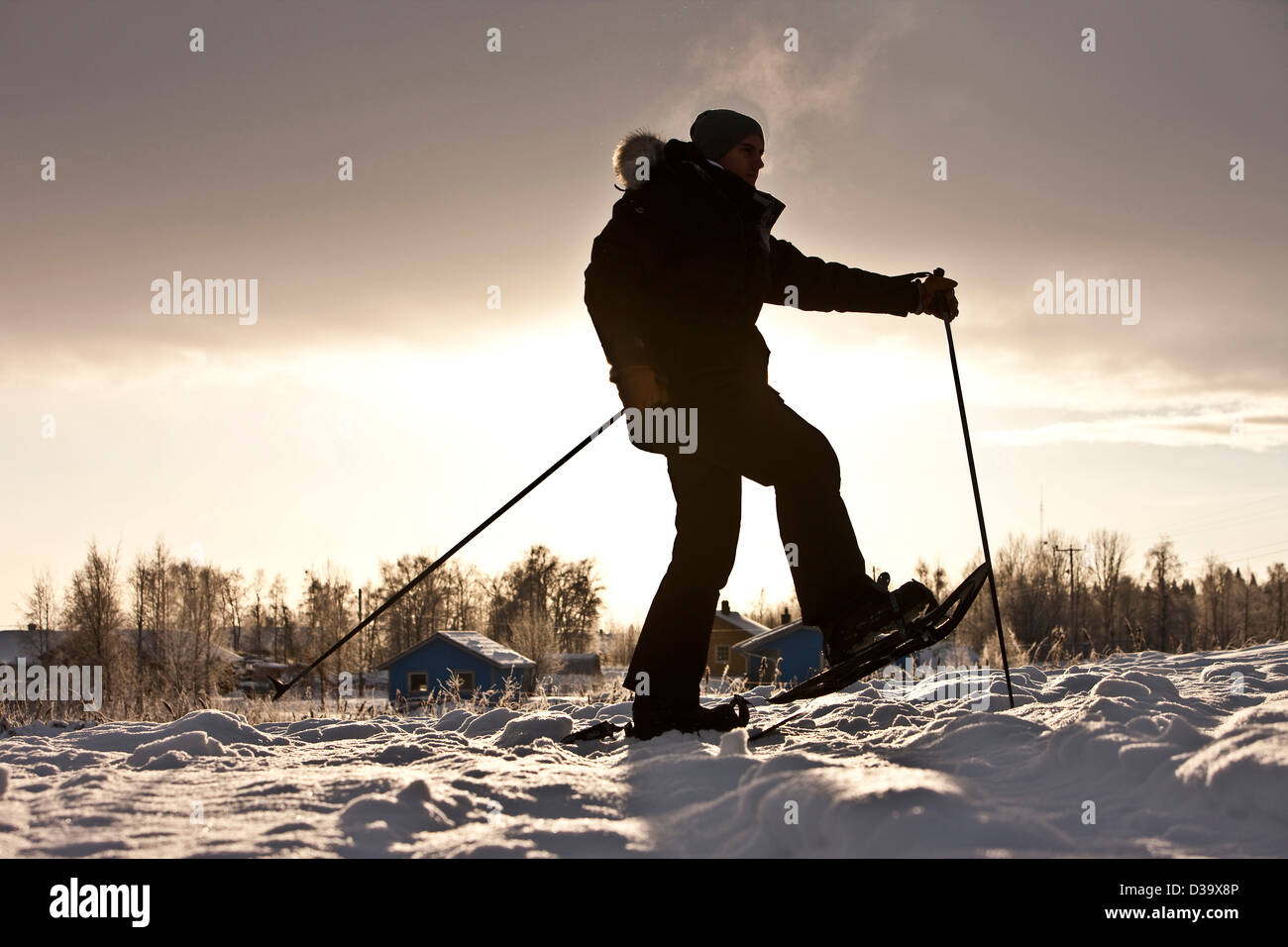 Man wearing snowshoes walking through snow, Lapland Stock Photo