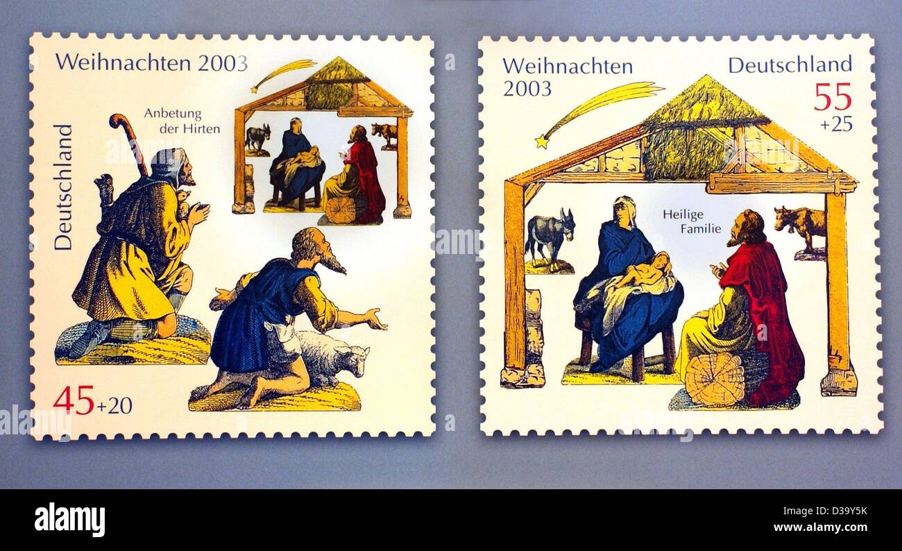 dpa) - The two Christmas (Weihnachten) stamps issued by the German Post in  2003, pictured in Berlin, 17 December 2003. The stamps cost 45 cents plus  an additional 20 cents for charity (