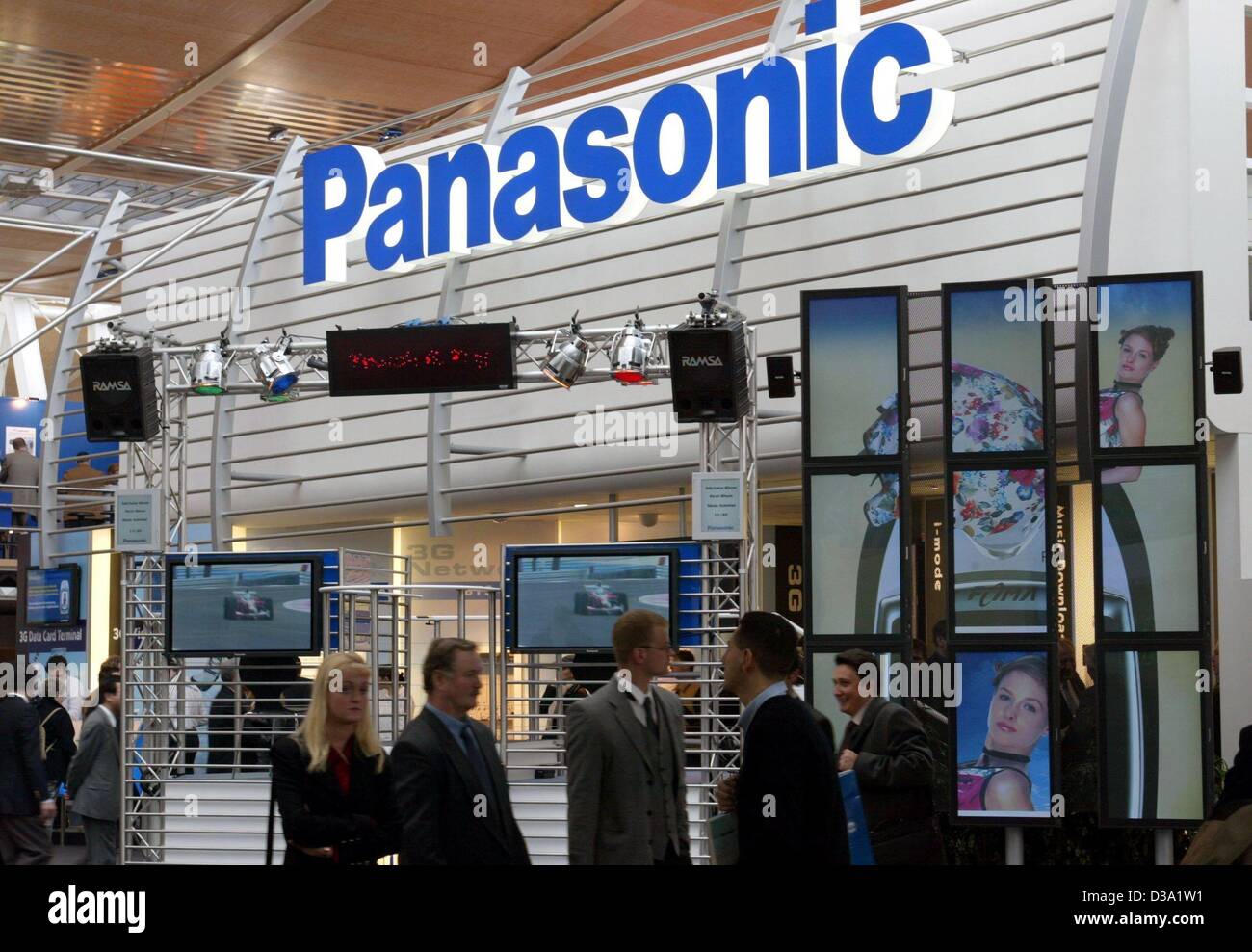 (dpa) - The stand of the Japanese telecommunication company Panasonic at the world's largest computer trade fair CeBIT in Hanover, Germany, 16 March 2002. Stock Photo