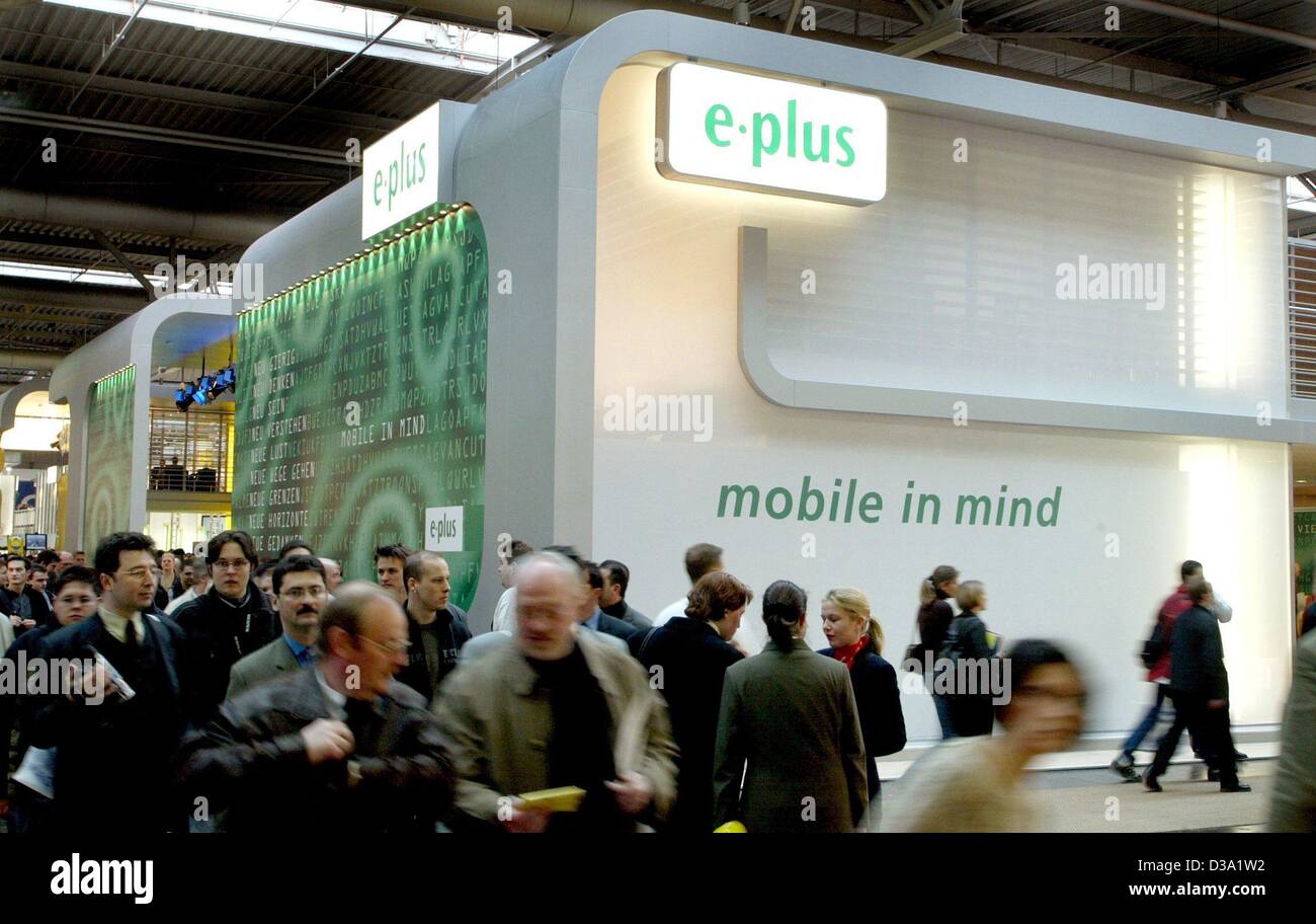 (dpa) - The stand of the mobile network company E-Plus at the world's largest computer trade fair CeBIT in Hanover, Germany, 15 March 2002. Stock Photo