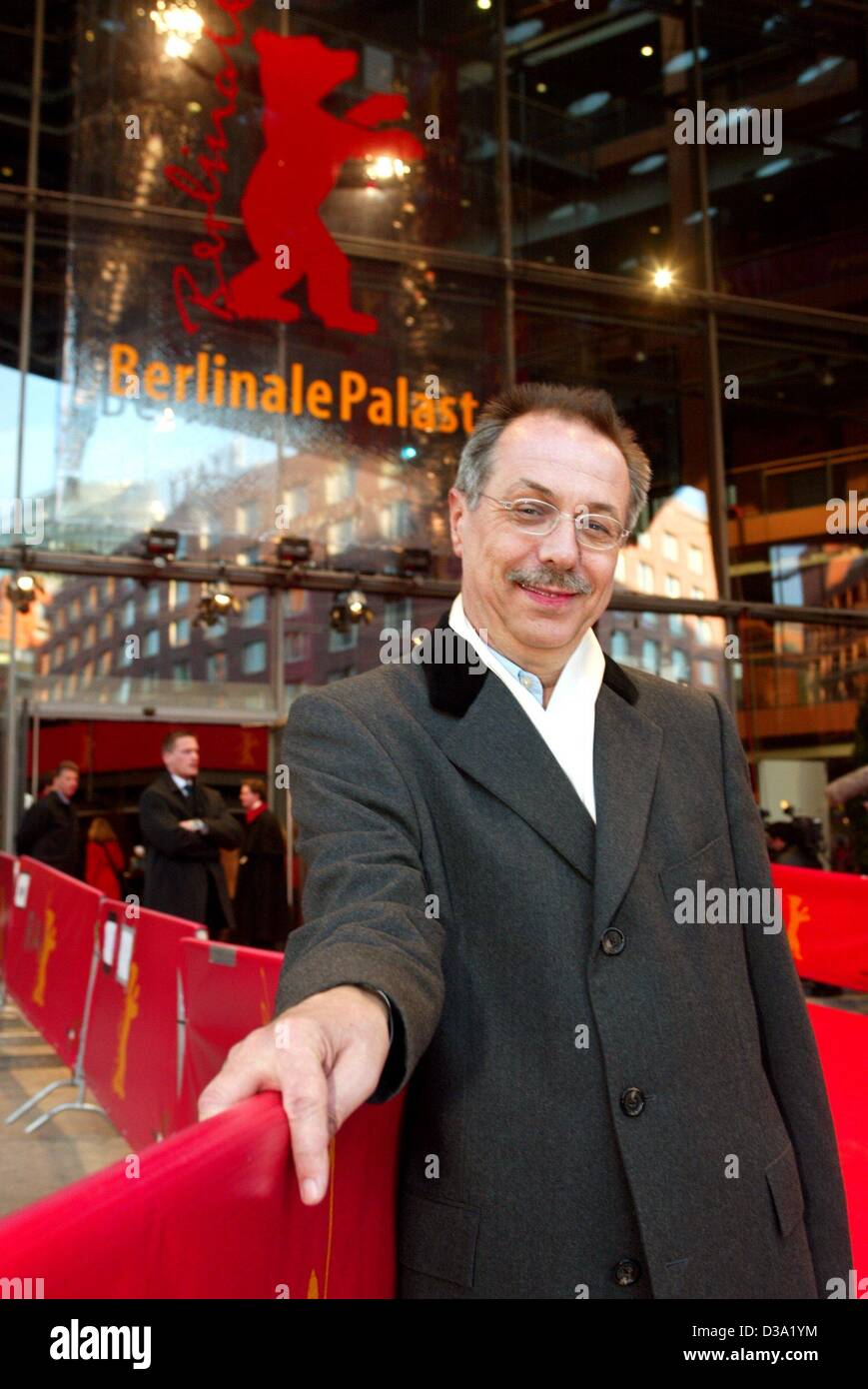 (dpa) - Dieter Kosslick, director of the International Film Festival in Berlin, posing in front of the festival palace, 16 February 2002. It was the first year he presided over the festival. Stock Photo