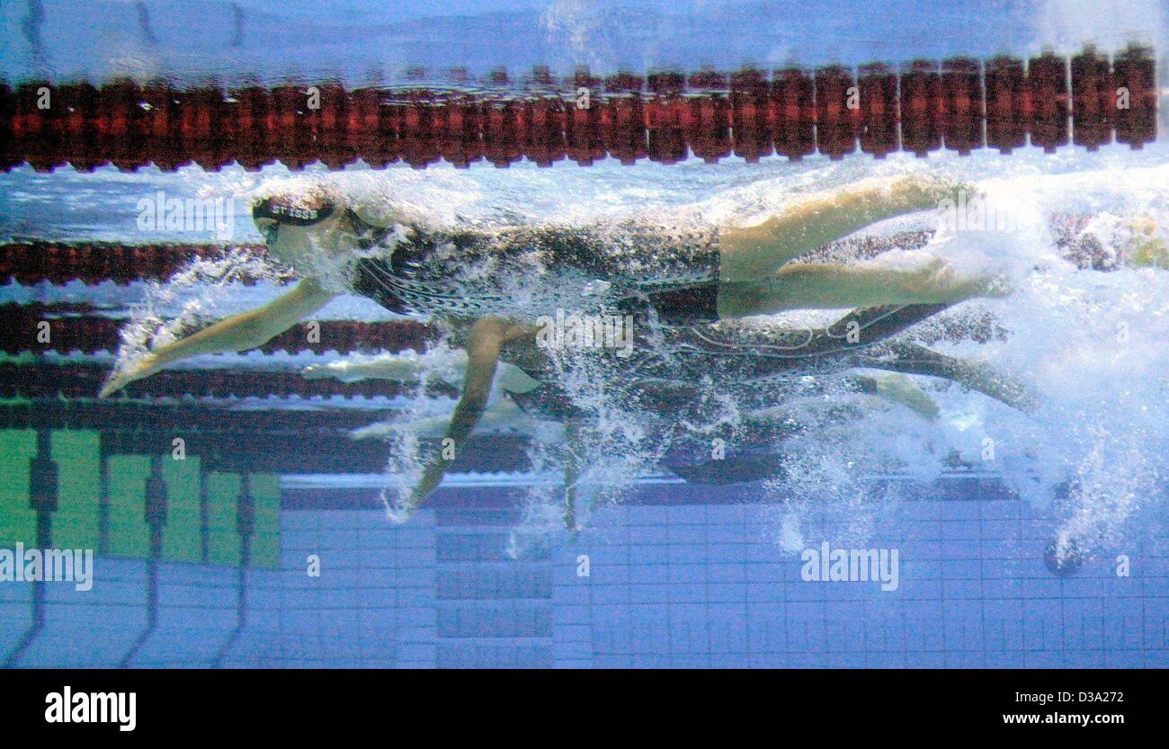 (dpa) - An underwater view of swimmers during the women's 4x100m relay at the 26th European Swimming Championships in Berlin, 29 July 2002. Stock Photo