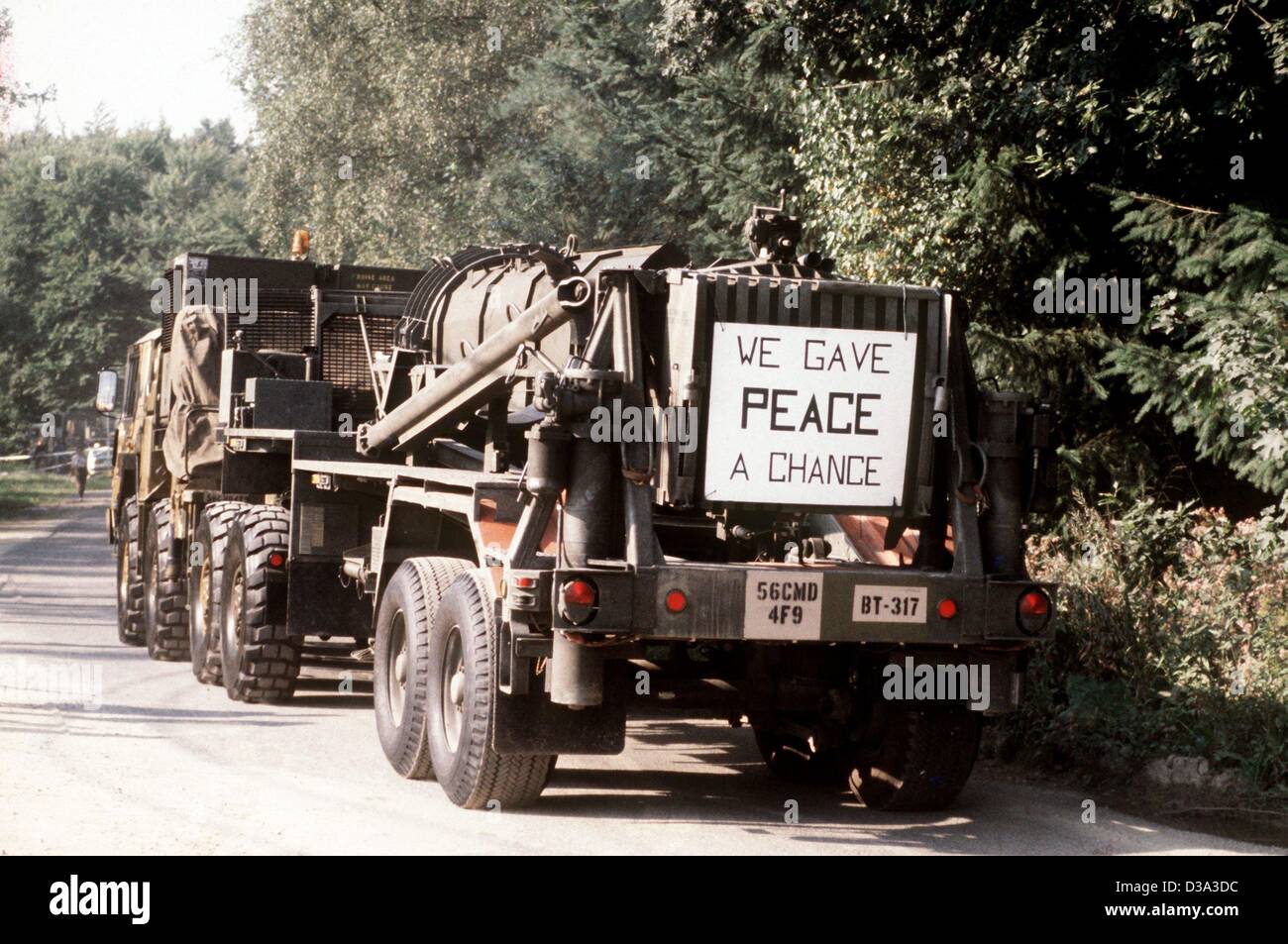 (dpa files) - The first Pershing II missiles are transported away from the deployment place in Heilbronn, Germany, 1 September 1988, according to the INF (Intermediate-Range Nuclear Forces) agreement between the USA and Russia. The gun-carriage will be demolished and the parts of the missiles will b Stock Photo