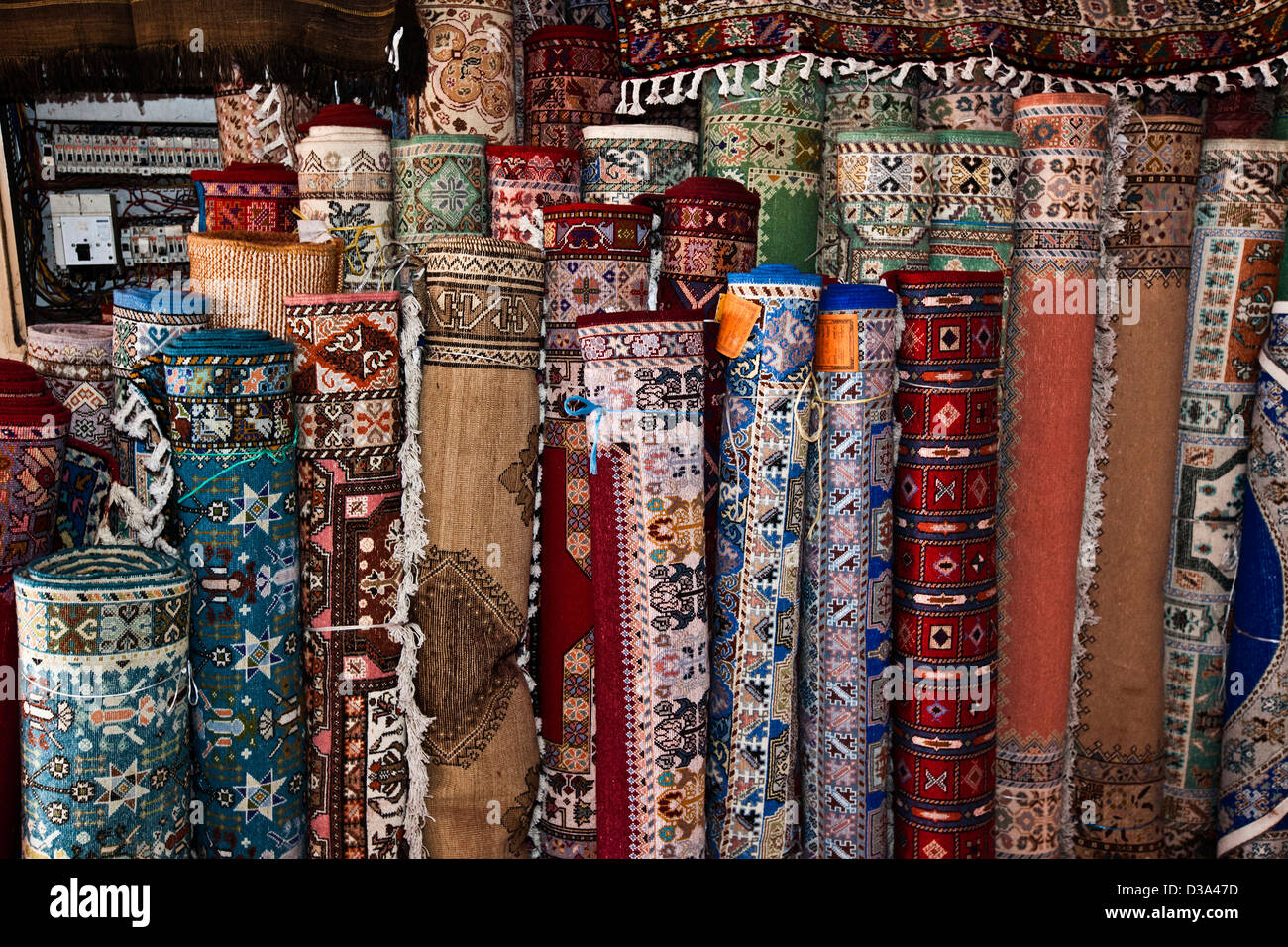 Rugs for sale in Souk, Marrakech, Morocco Stock Photo