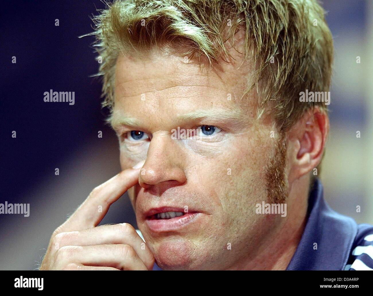 (dpa) - Oliver Kahn, German goalkeeper and team captain, pictured during a press conference in Seogwipo, South Korea, 23 June 2002. Germany faces South Korea in the Soccer World Cup semi finals on 25 June. Stock Photo