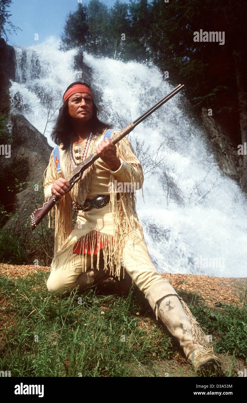(dpa files) - French actor Pierre Brice stars as Apache leader Winnetou at the Karl May Festival in Elspe, Germany, 9 June 1982. Winnetou and his white-skin friend Old Shatterhand are the heroes of films based on the German western novels by Karl May. They are currently spoofed in the German comedy  Stock Photo