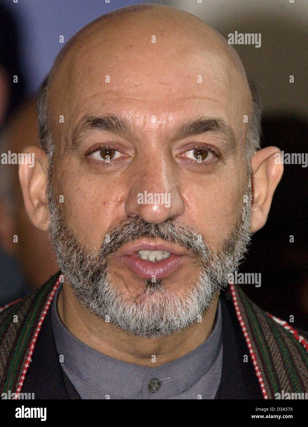 (dpa) - Hamid Karzai, Head of the Afghan interim government, pictured in Berlin, 14 March 2002. Stock Photo
