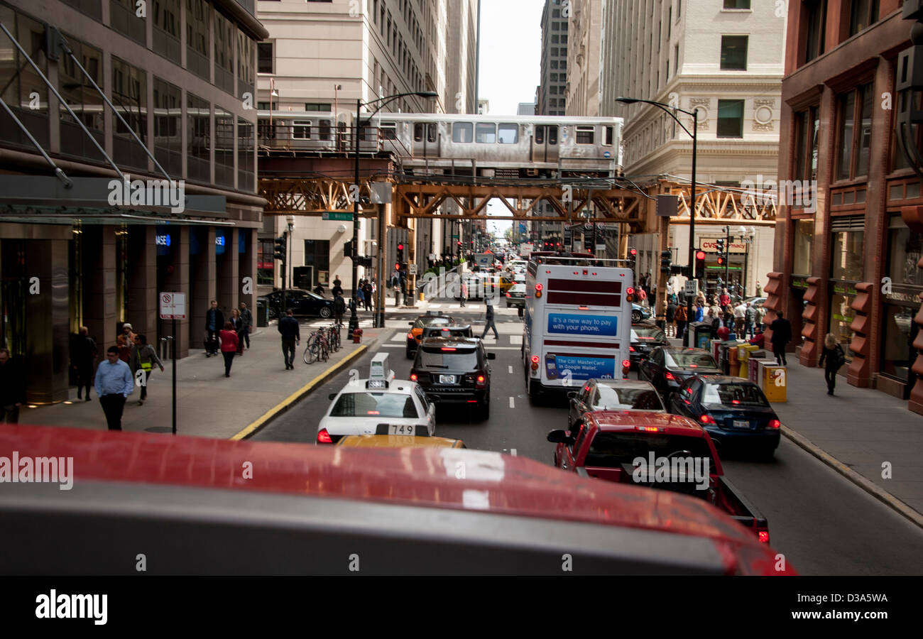 View from the upper deck of a tour double-decker  bus in the Loop-district of Chicago IL Illinois USA Stock Photo