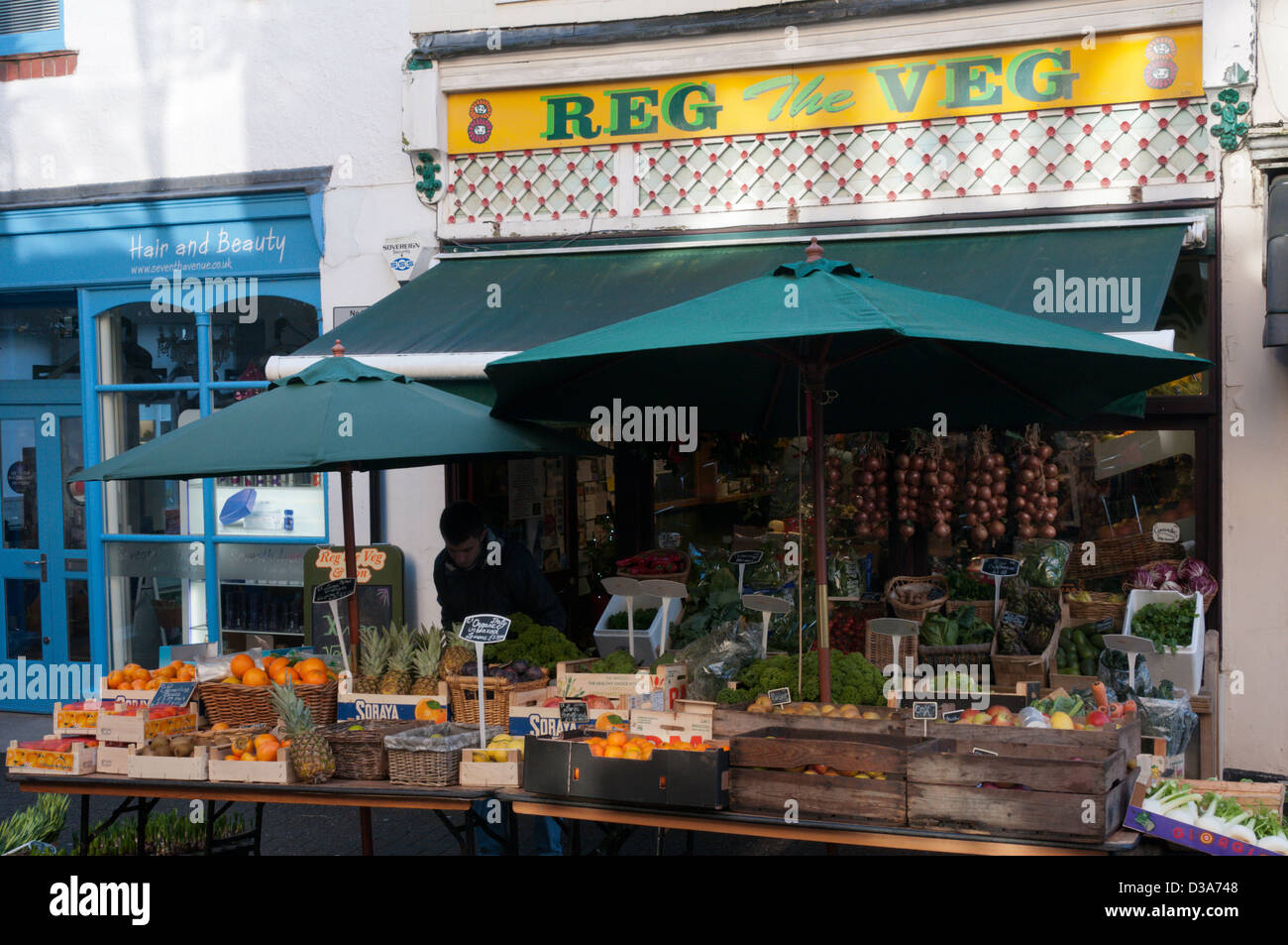 Reg The Veg fruit and vegetable shop in Clifton, Bristol. Stock Photo