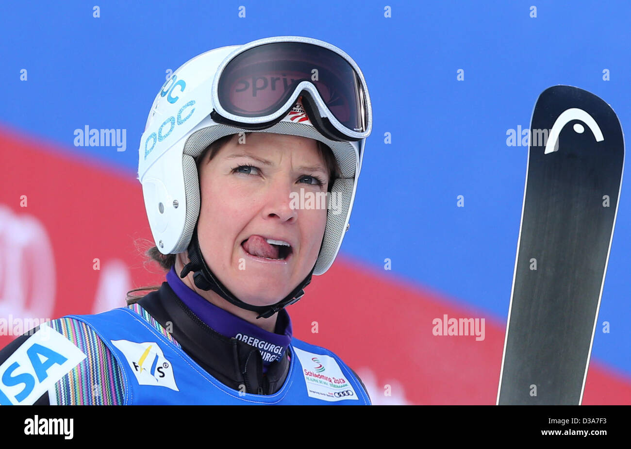 Julia Mancuso of US reacts during the first run of the women's giant slalom at the Alpine Skiing World Championships in Schladming, Austria, 14 February 2013. Photo: Karl-Josef Hildenbrand/dpa +++(c) dpa - Bildfunk+++ Stock Photo