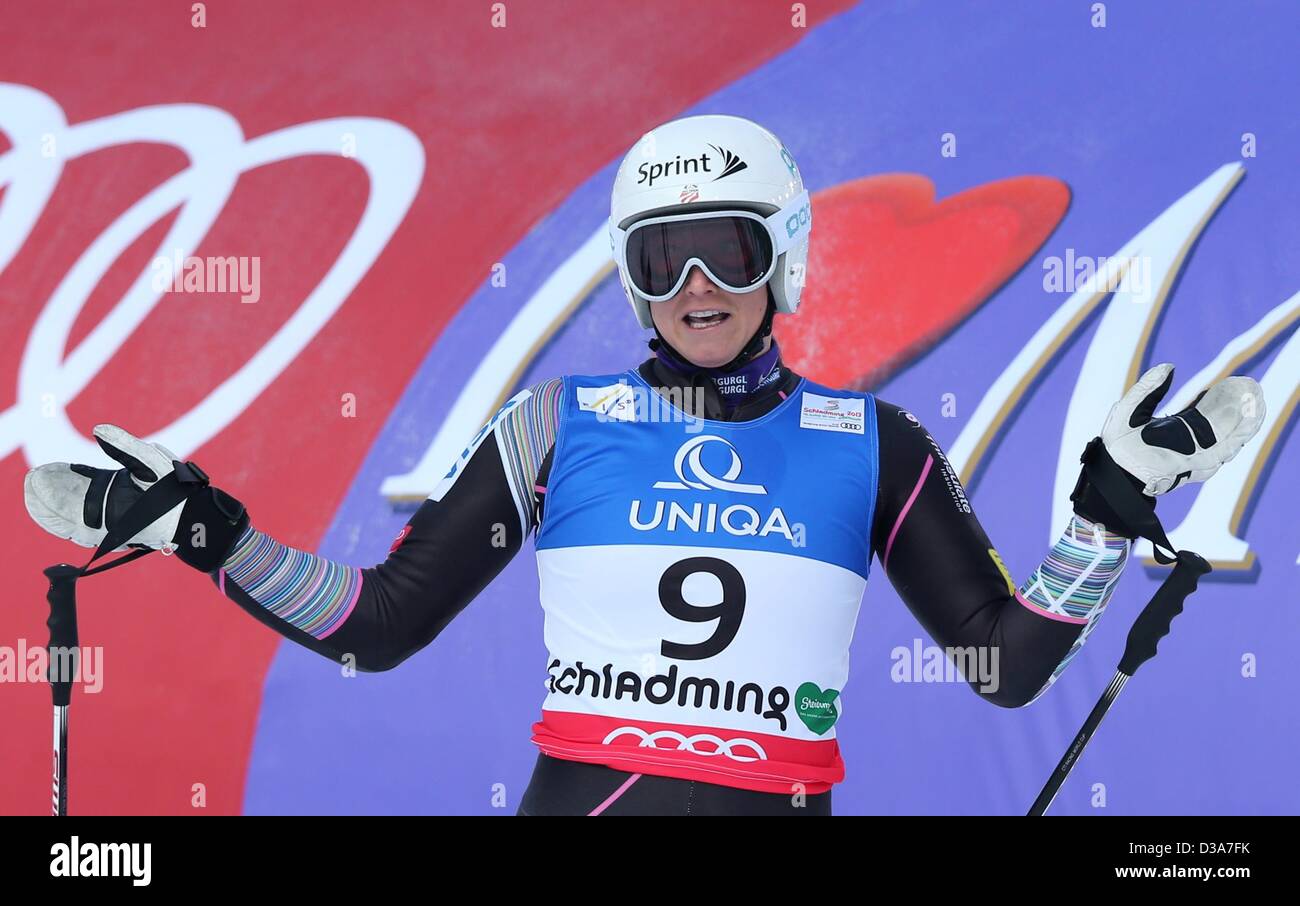 Julia Mancuso of US reacts during the first run of the women's giant slalom at the Alpine Skiing World Championships in Schladming, Austria, 14 February 2013. Photo: Karl-Josef Hildenbrand/dpa Stock Photo