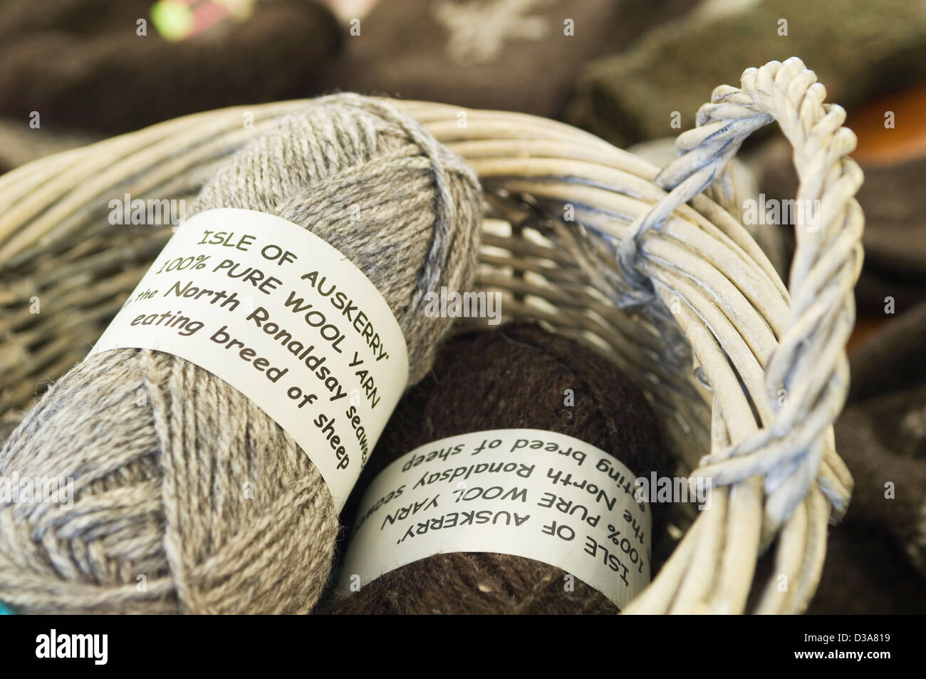 Auskerry wool for sale in a gift shop in Kirkwall, Orkney Islands, Scotland. Stock Photo