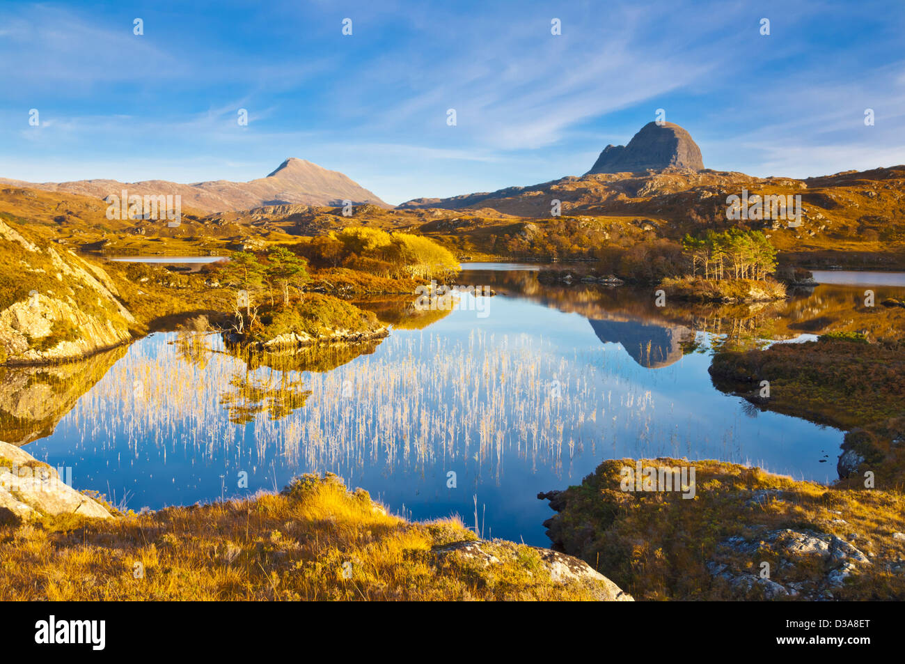 Two mountains of Suilven and Canisp from Loch Druim Suardalain, Sutherland, North west Scotland, UK, GB, Europe Stock Photo