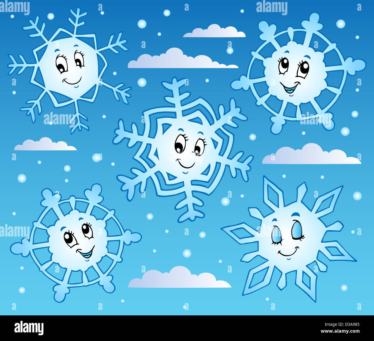 Snowy sky with cartoon snowflakes 1 - picture illustration Stock Photo