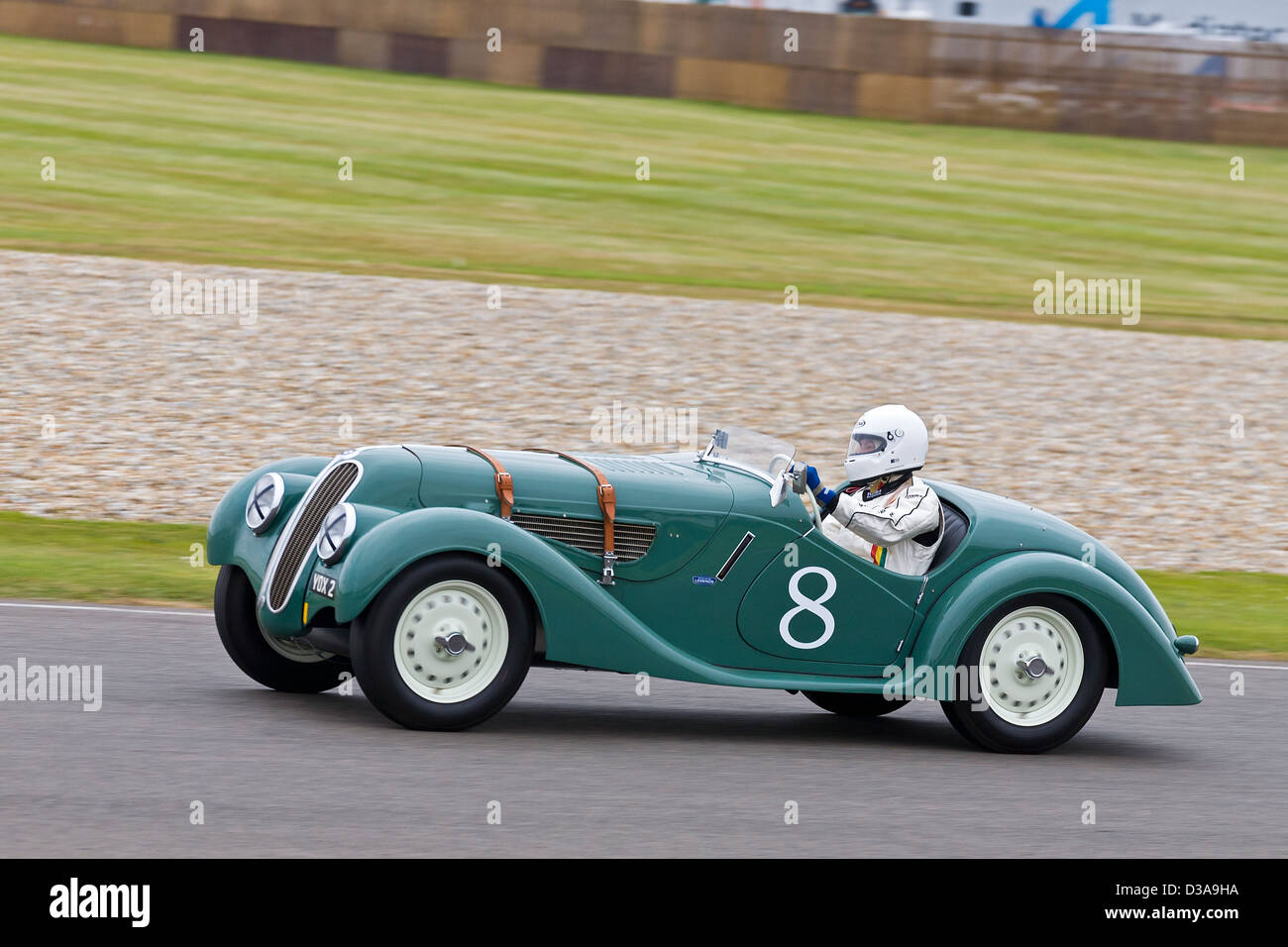 1937 BMW 328 with driver David Cottingham during the Brooklands Trophy race at the 2012 Goodwood Revival, Sussex, UK. Stock Photo