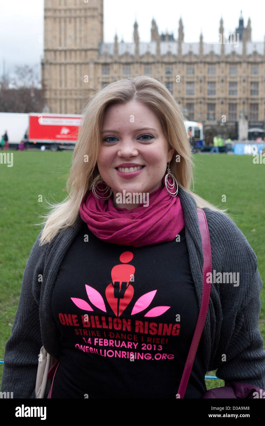 London, UK. 14th February 2013. Activist wearing one billion rising t ...