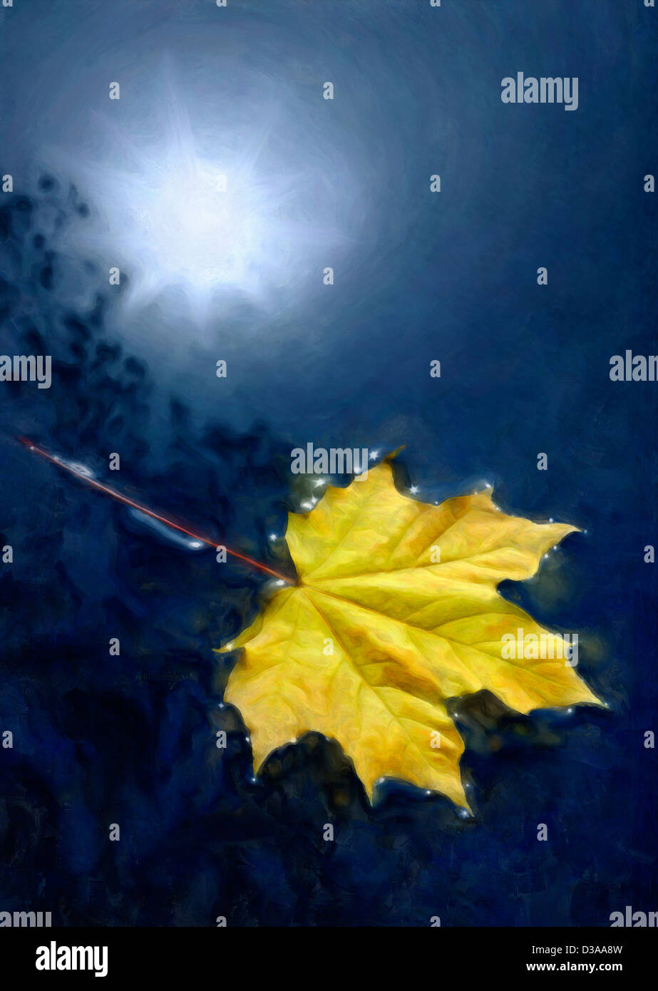 Close-up painting of a fall leaf floating in water with reflection of ...