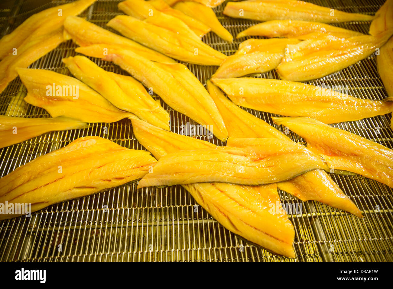 Haddock fish being prepared for smoking in food factory Stock Photo