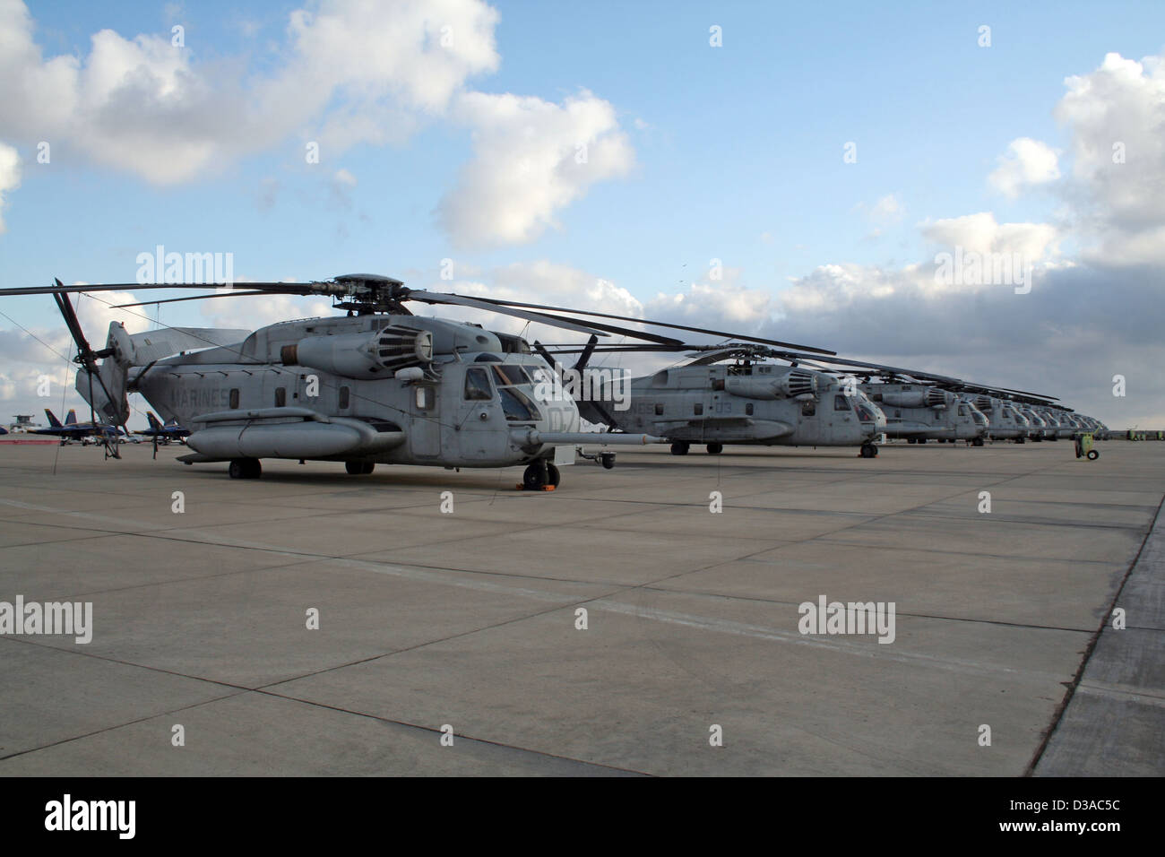 Row of US Marines CH-53 Stallion helicopters at the Air Station Miramar, California Stock Photo