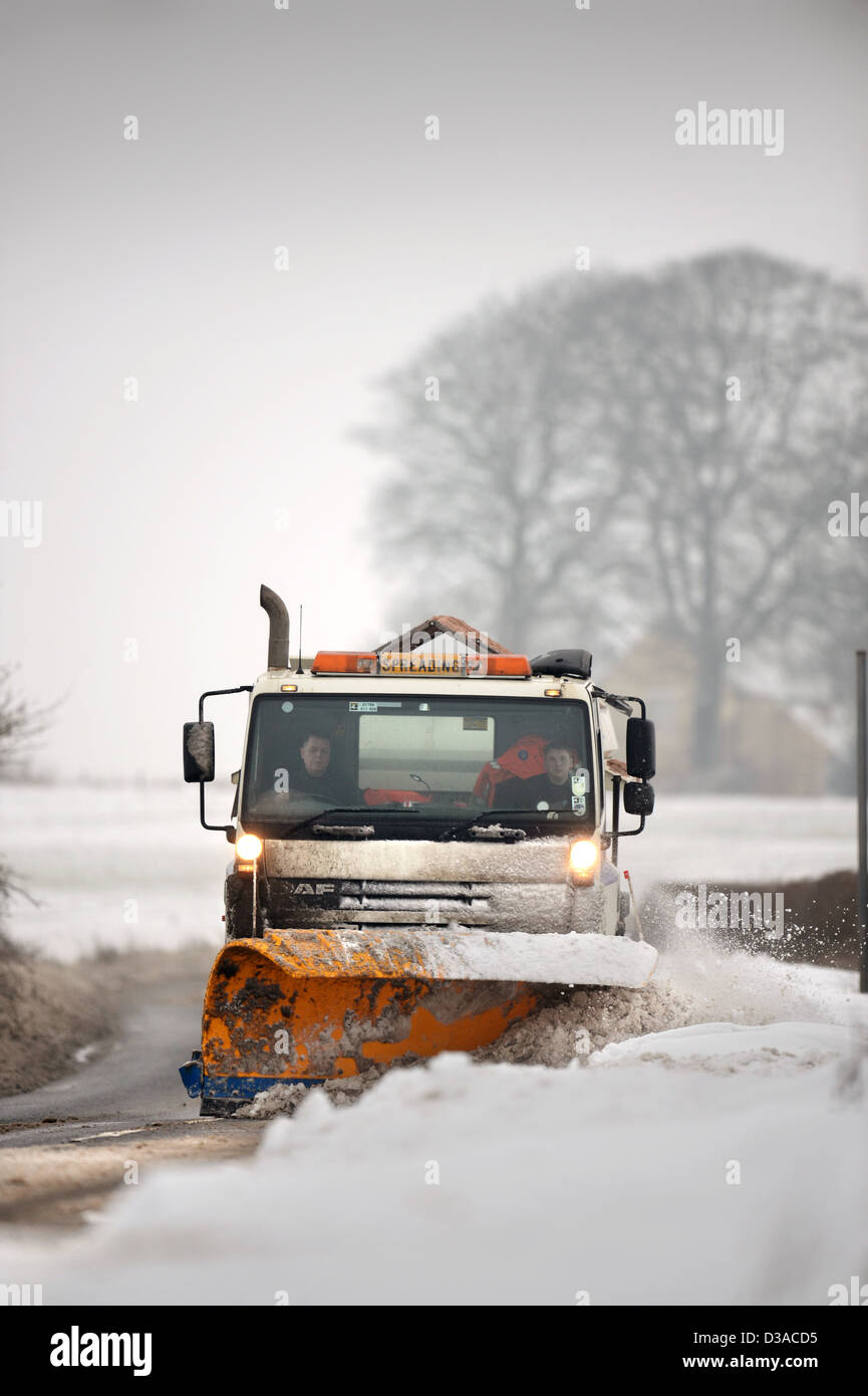 A snow plough on the A46 near Leighterton, Gloucestershire UK Jan 2013 Stock Photo