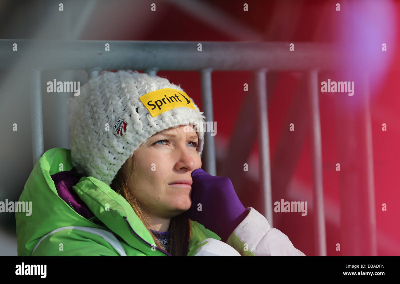 Julia Mancuso of US sits in the finish area after her run at the women's giant slalom at the Alpine Skiing World Championships in Schladming, Austria, 14 February 2013. Photo: Karl-Josef Hildenbrand/dpa +++(c) dpa - Bildfunk+++ Stock Photo