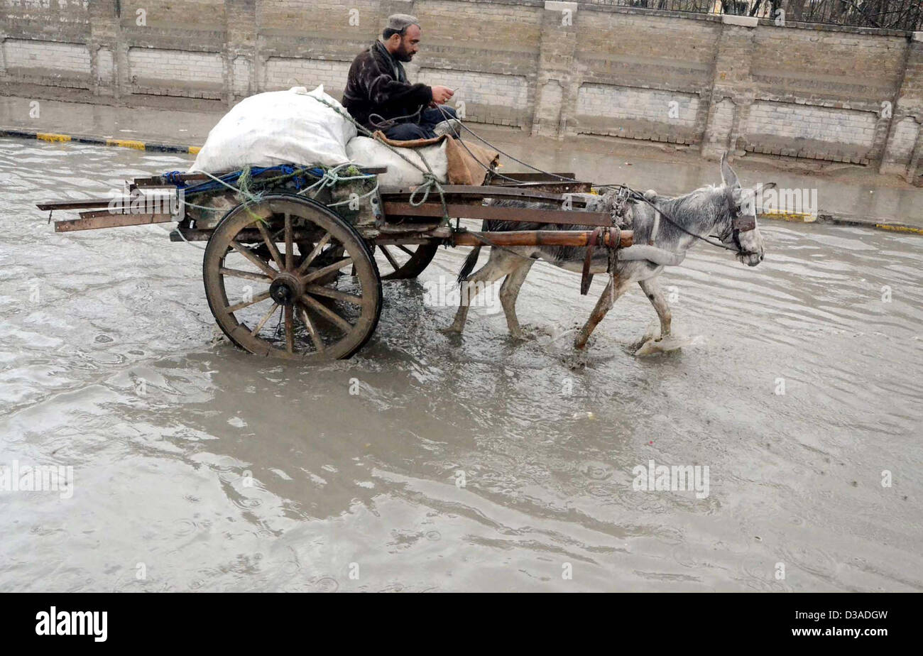 Donkey-cart rider passes through at a road during downpour of  winter season in Quetta on Thursday, February 14, 2013. Stock Photo