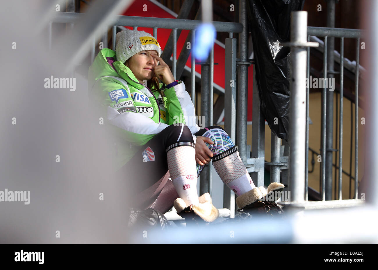 Julia Mancuso of US sits in the finish area after her run at the women's giant slalom at the Alpine Skiing World Championships in Schladming, Austria, 14 February 2013. Photo: Karl-Josef Hildenbrand/dpa Stock Photo