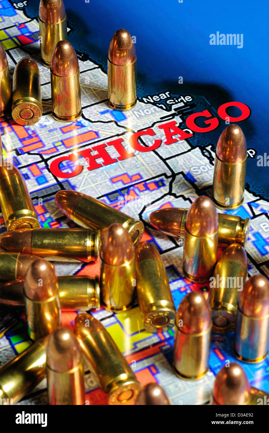 Map of Chicago, Illinois showing rival gang boundaries covered with 9mm