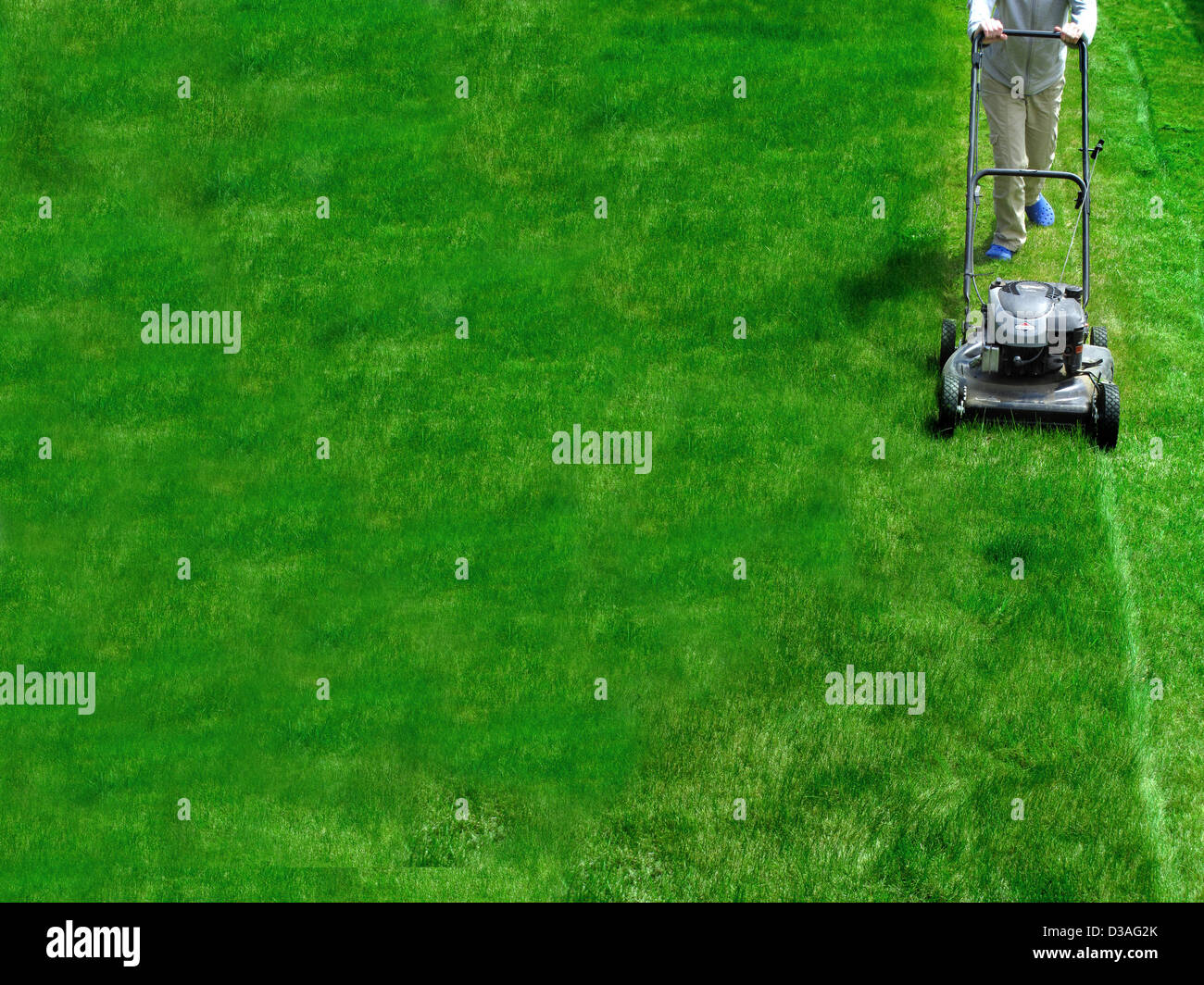 Young Girl Mowing green grass lawn with push mower Stock Photo