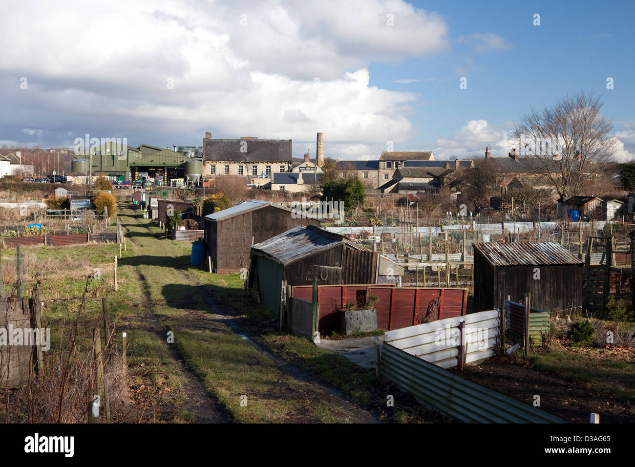 Looking over allotments in Masham , North Yorkshire towards the Black Sheep Brewery Stock Photo