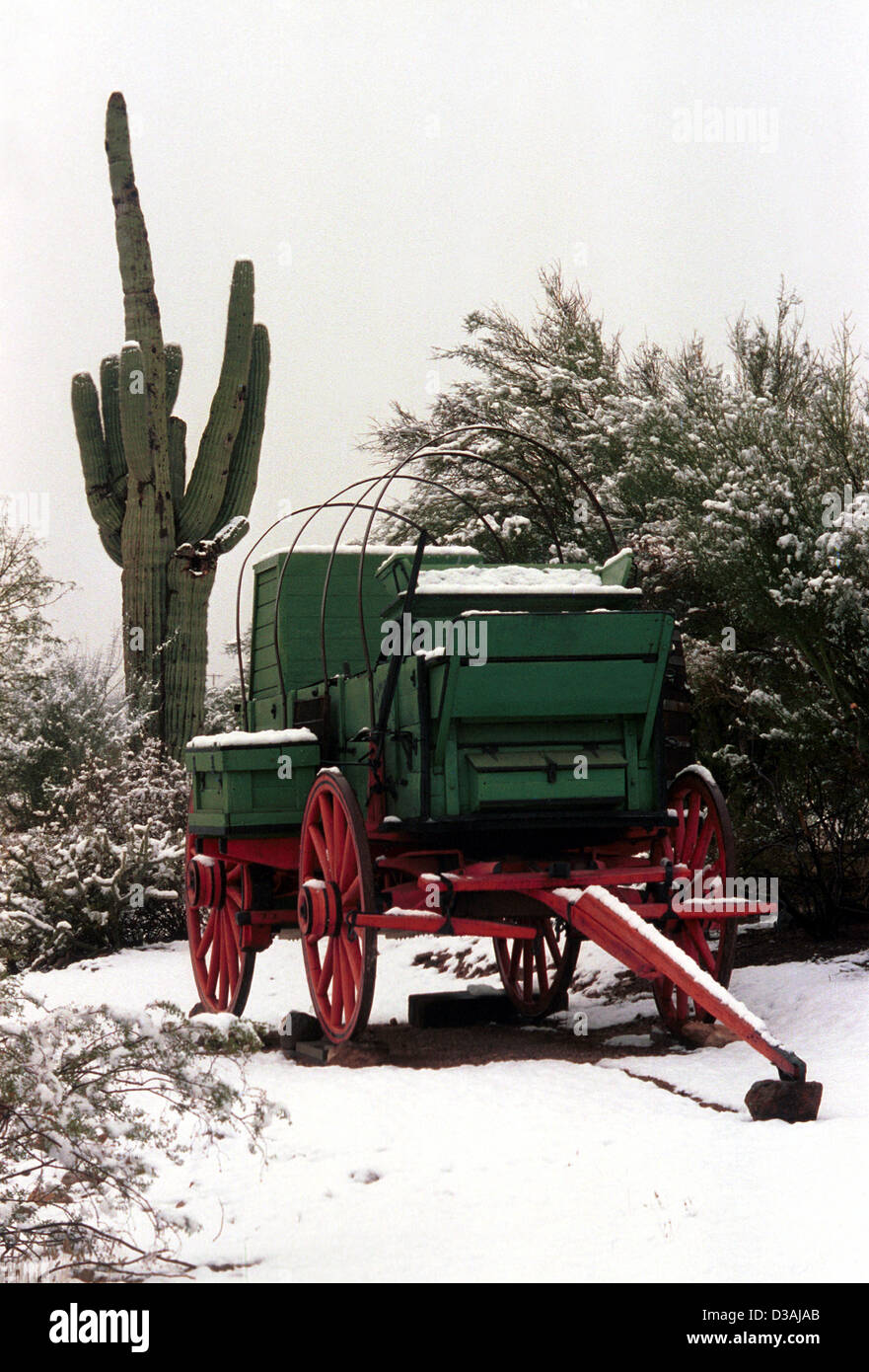 Chuck wagon Sonoran Desert snow with saguaro cactus Arizona, Arizona landscape,wagon,wagon in snow,saguaro cactus, Stock Photo