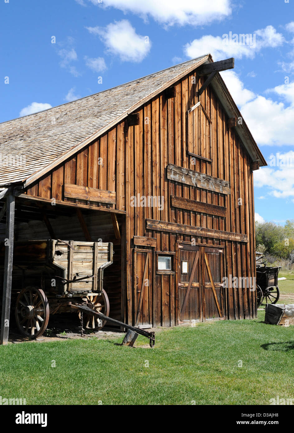 Old ranch barn with wagon Montana USA, farm, ranch, wagon,Montana barn, Stock Photo