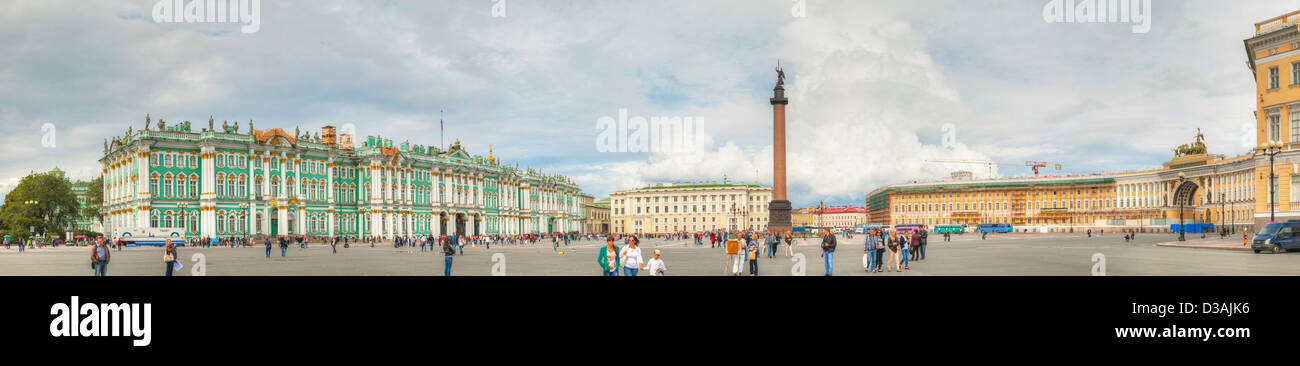 The Alexander Column at Palace (Dvortsovaya) Square in St. Petersburg, Russia on August 25, 2012 with tourists. Stock Photo