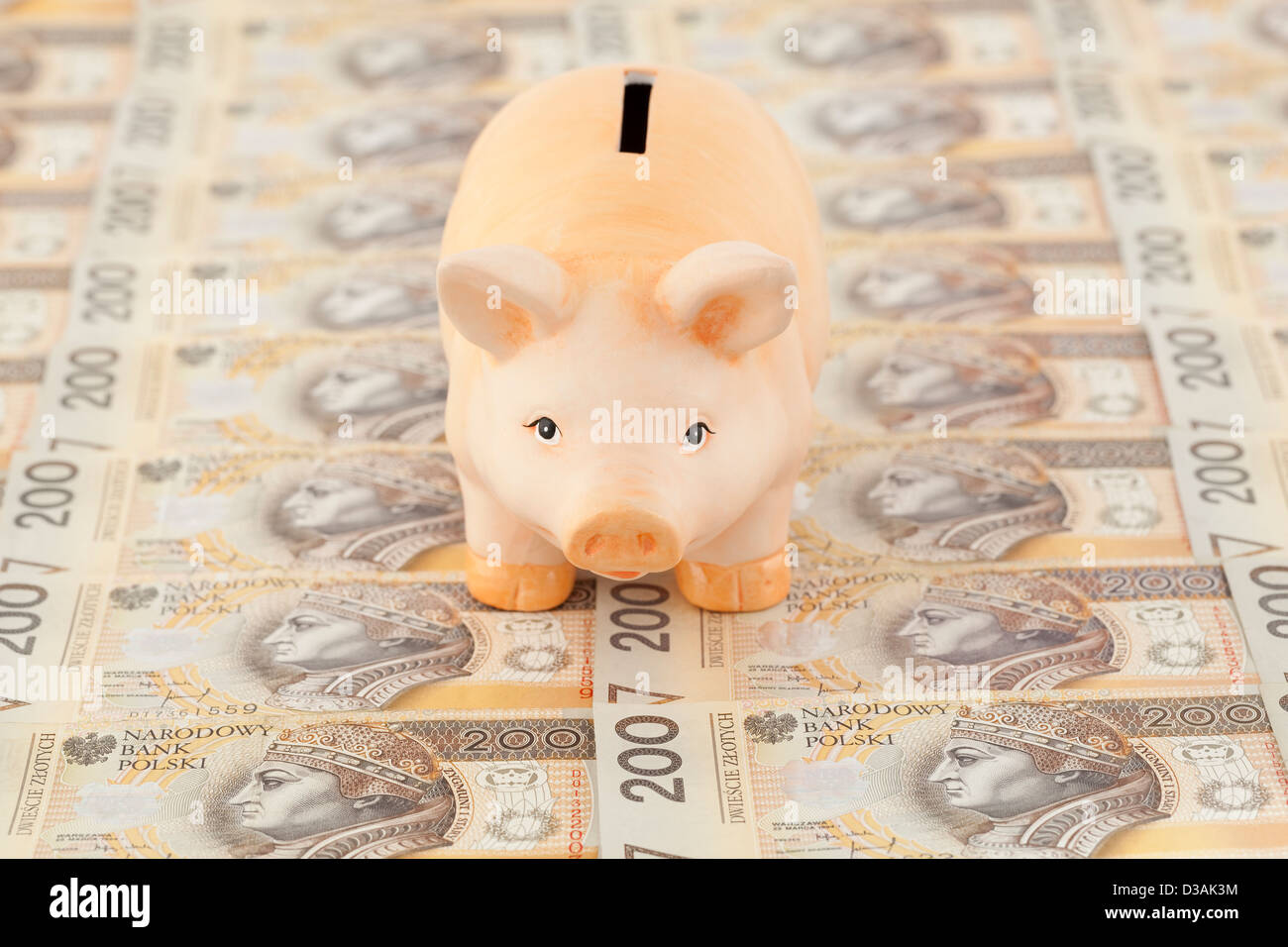 pink piggy on polish money as background Stock Photo