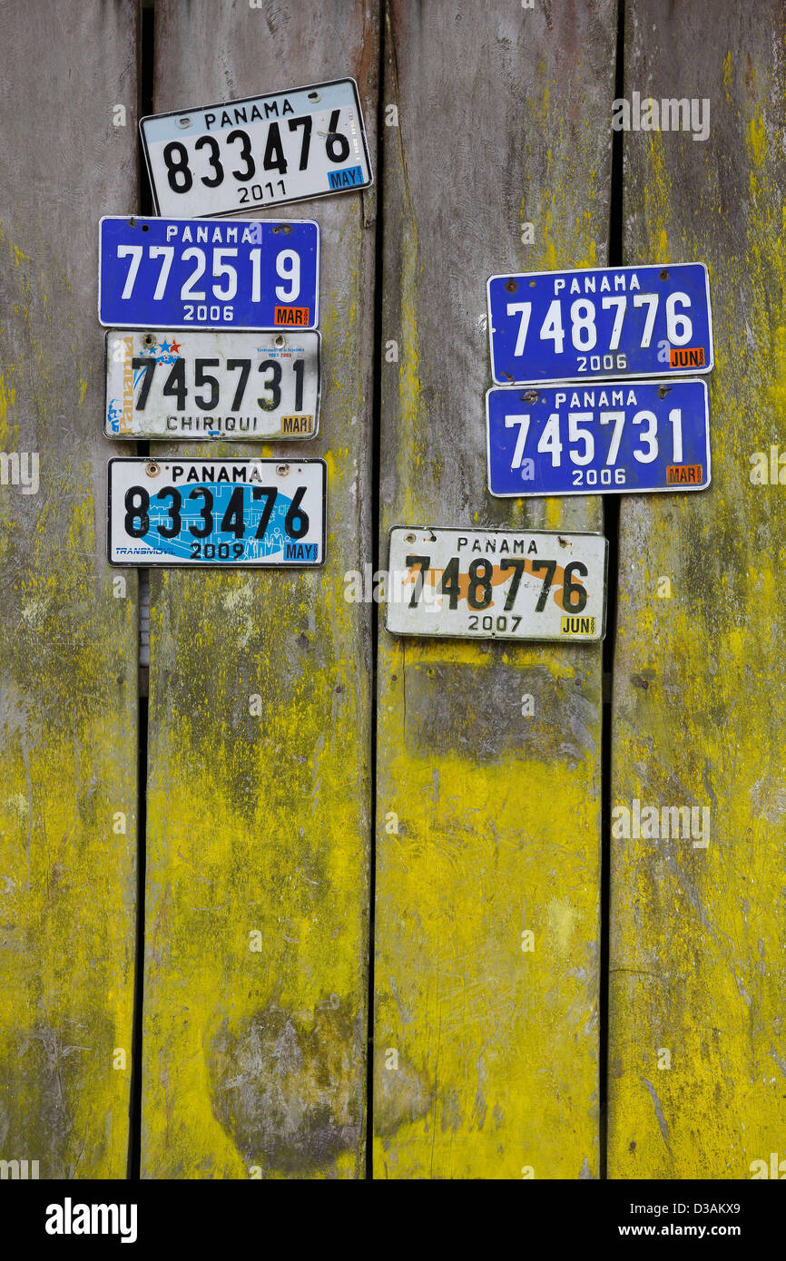 License plates on the side of a barn, Cerro Punta, Panama Stock Photo