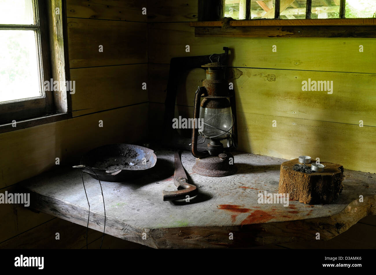 Bernardo O'Higgins Homestead Tofino botanical gardens vancouver island cabin hut tools gaslight gaslamp Stock Photo