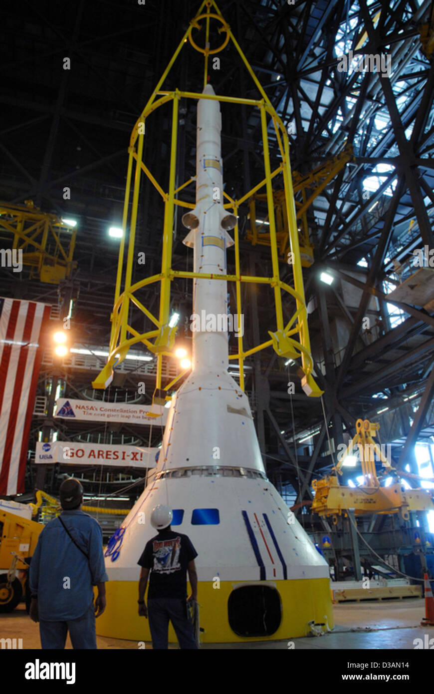 Ares I-X. 'Birdcage' is Lowered (NASA, Ares Rockets, 5/11/09) Stock Photo