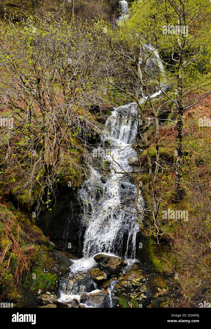 A series of cascades in a mountain stream coming down into Glen Ogle, Perthshire, Scotland Stock Photo