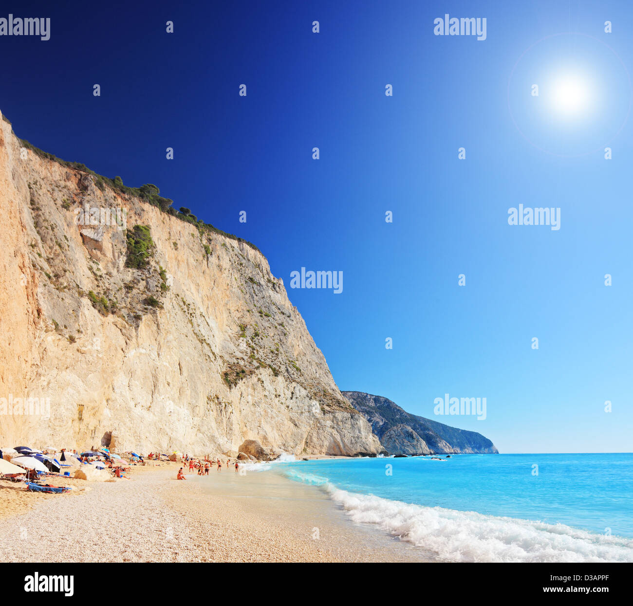 A view of a Porto Katsiki beach on a clear sunny day, Greece, shot with a tilt and shift lens Stock Photo