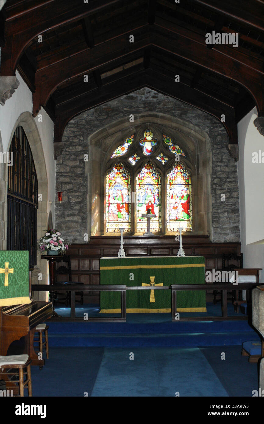 Stain glass windows and altar in St Edmunds church Castleton Stock