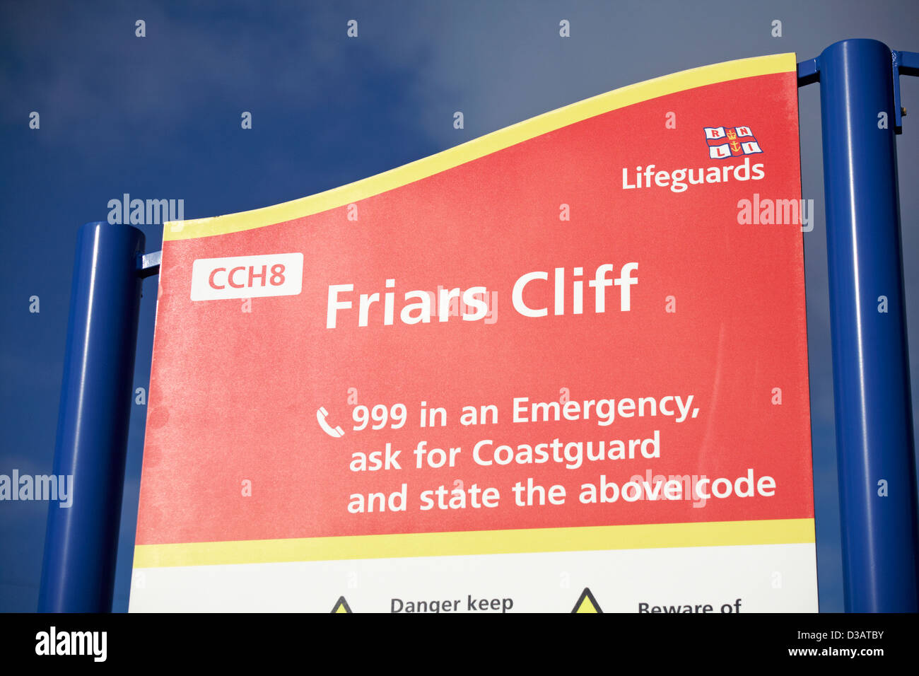Lifeguards sign at Friars Cliff phone 999 in an emergency ask for
