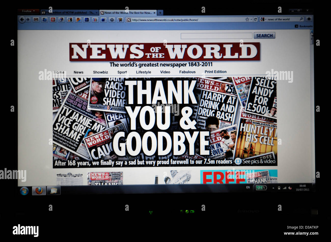 pc computer laptop screen grab news of the world final edition screengrab farewell goodbye end era internet online Stock Photo
