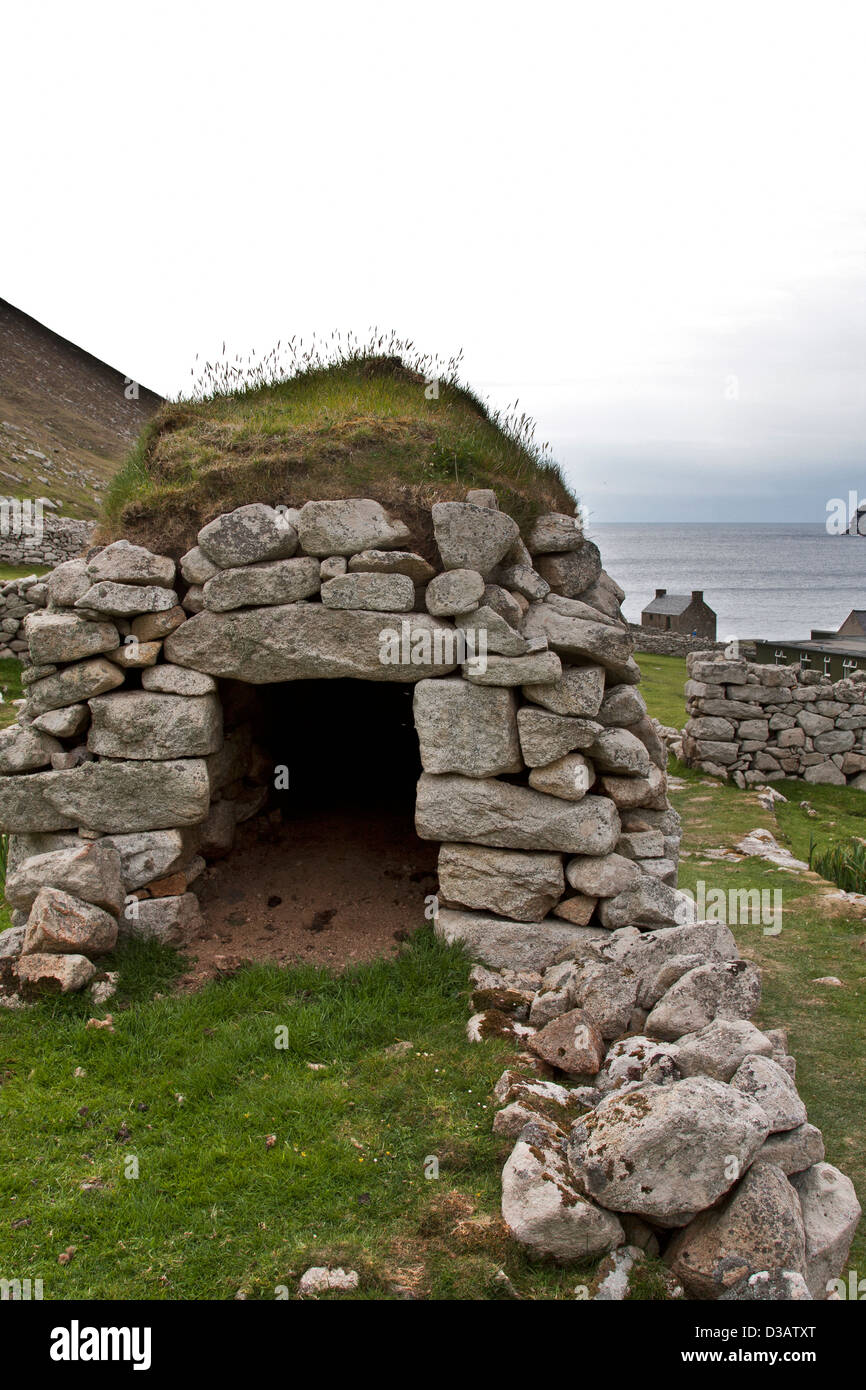 St Kilda; Hirta;  a cleit, also called cleitans, unmortared stone storage buildings with sod roofs Stock Photo