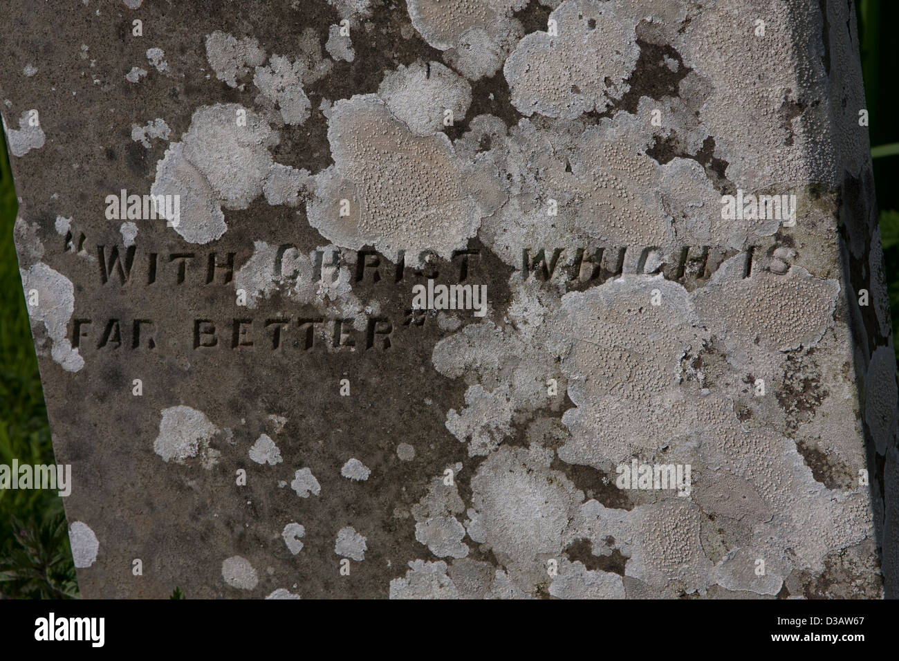 Inscription on a tombstone at the village on Hirta, St Kilda archipelago. 'With Christ which is better'. Stock Photo