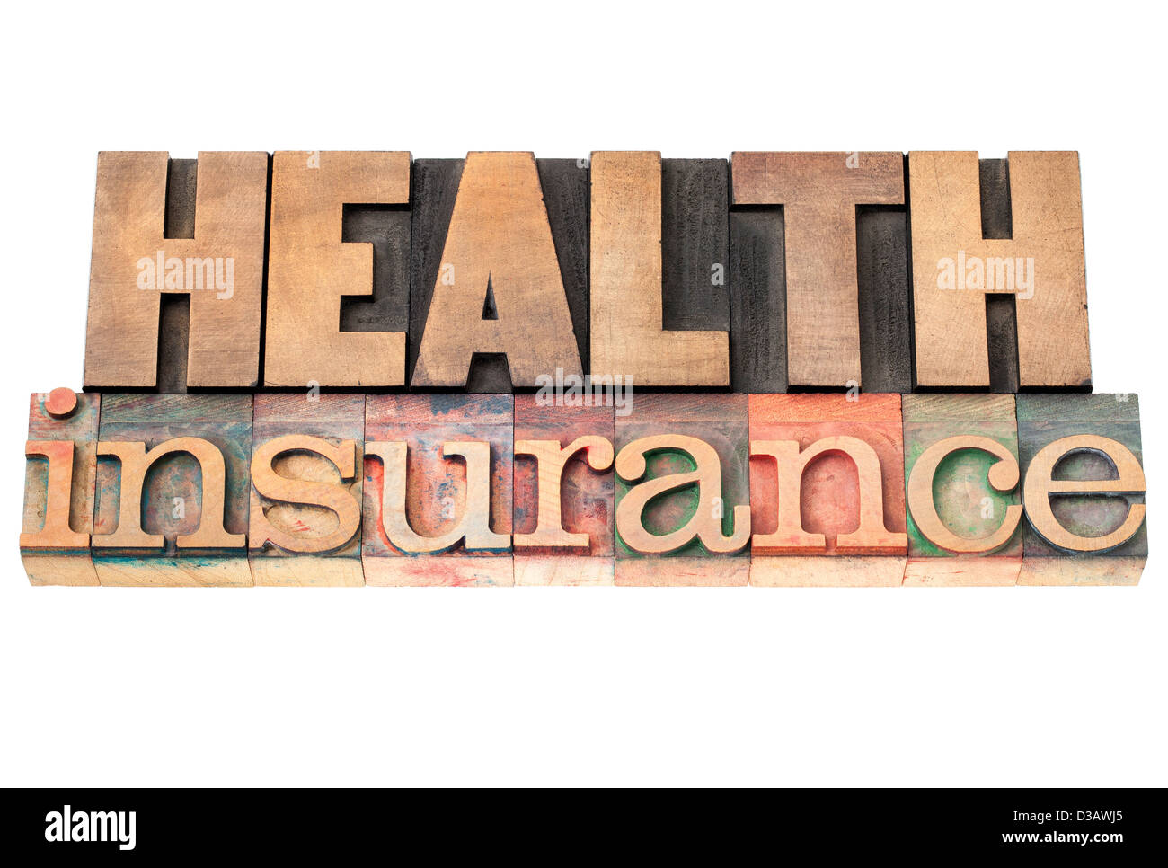 health insurance - healthcare concept - isolated text in vintage letterpress wood type printing blocks Stock Photo