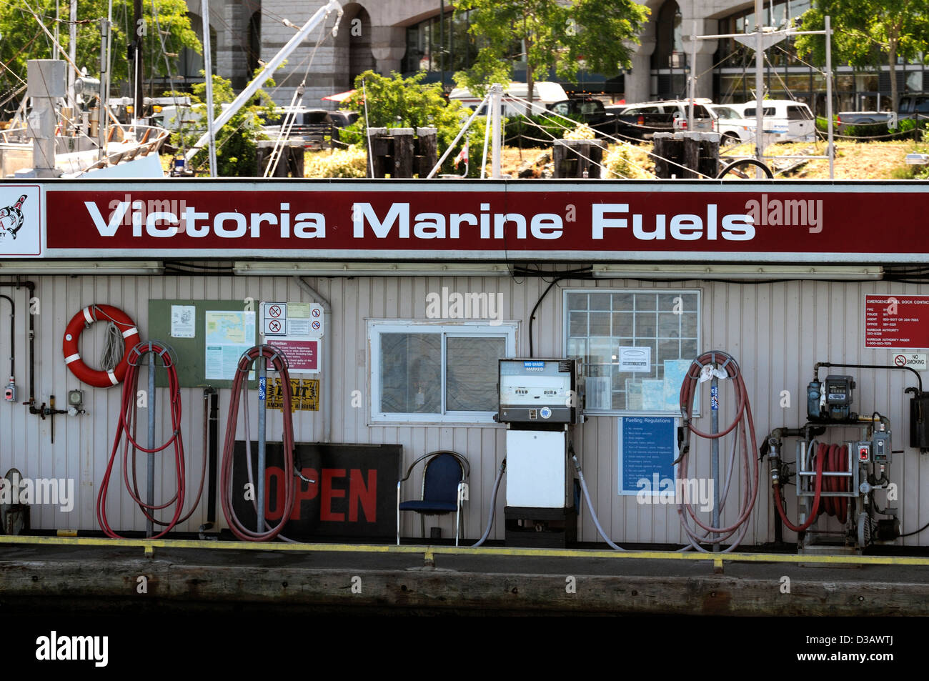 victoria marine fuels floating garage forecourt boat shipping inner harbour vancouver island depot fishermans wharf fuel Stock Photo