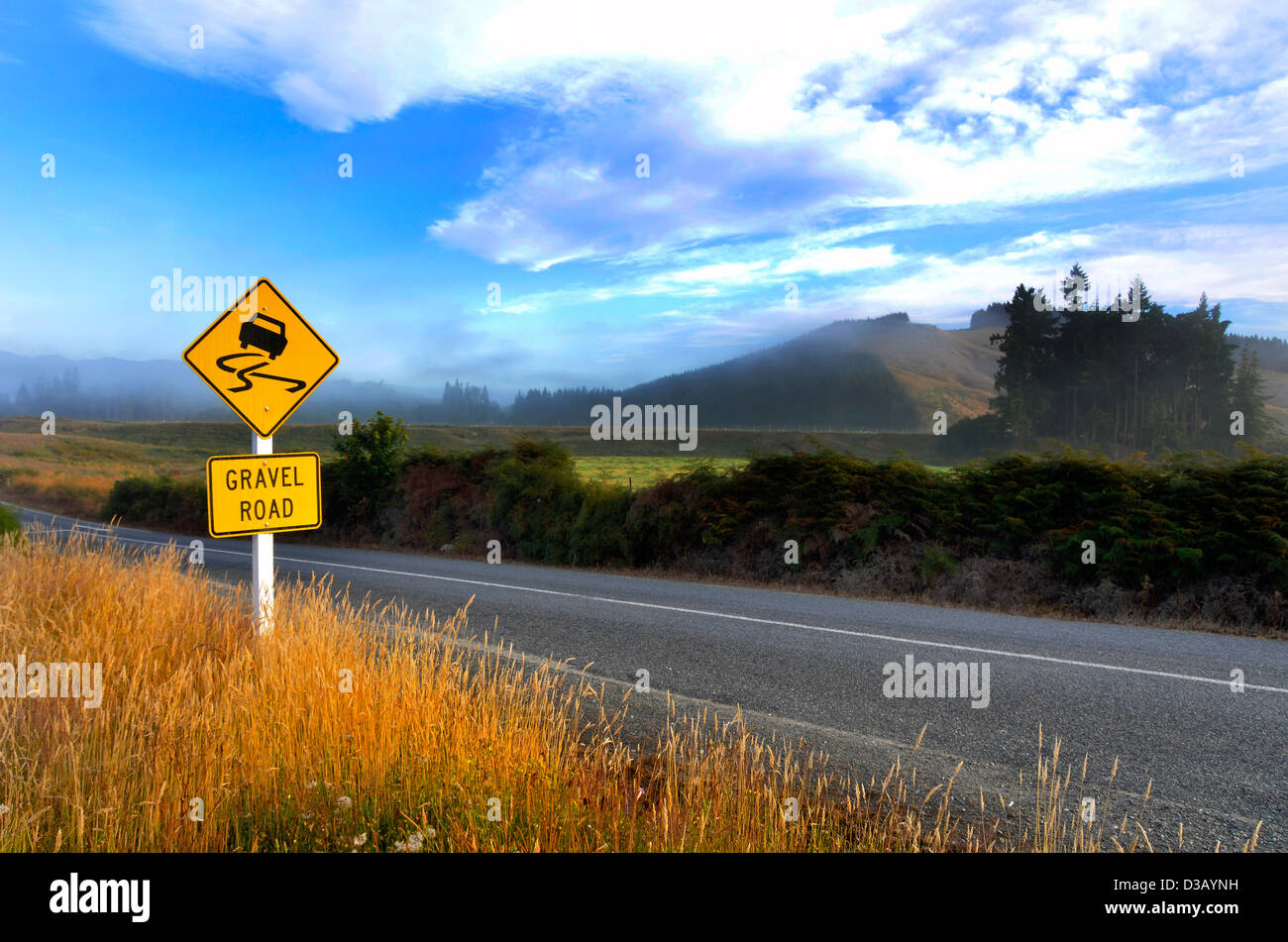 Gravel Road sign, early morning, Lilburn Valley Road near Tuatapere, Southland, New Zealand Stock Photo