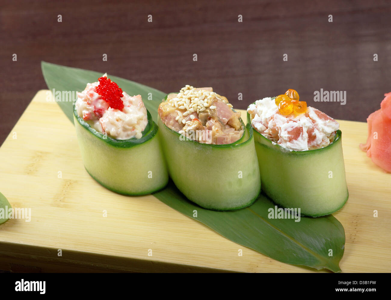 Japanese sushi traditional japanese food.Roll made of Smoked fish , roe,cucumber Stock Photo